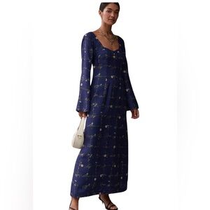 SANCIA Navy Floral Maxi Dress Boho Bell Sleeve Open Back Romantic size L